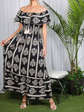 NEW VINE & LOVE geo printed off the shoulder tassel trim dress in black/cream